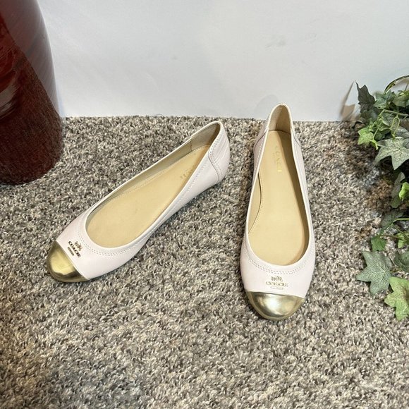 Coach Shoes - COACH Women's Shoes Chelsea Ivory Leather Patent Cap Toe Ballet Flat Gold 5.5 B